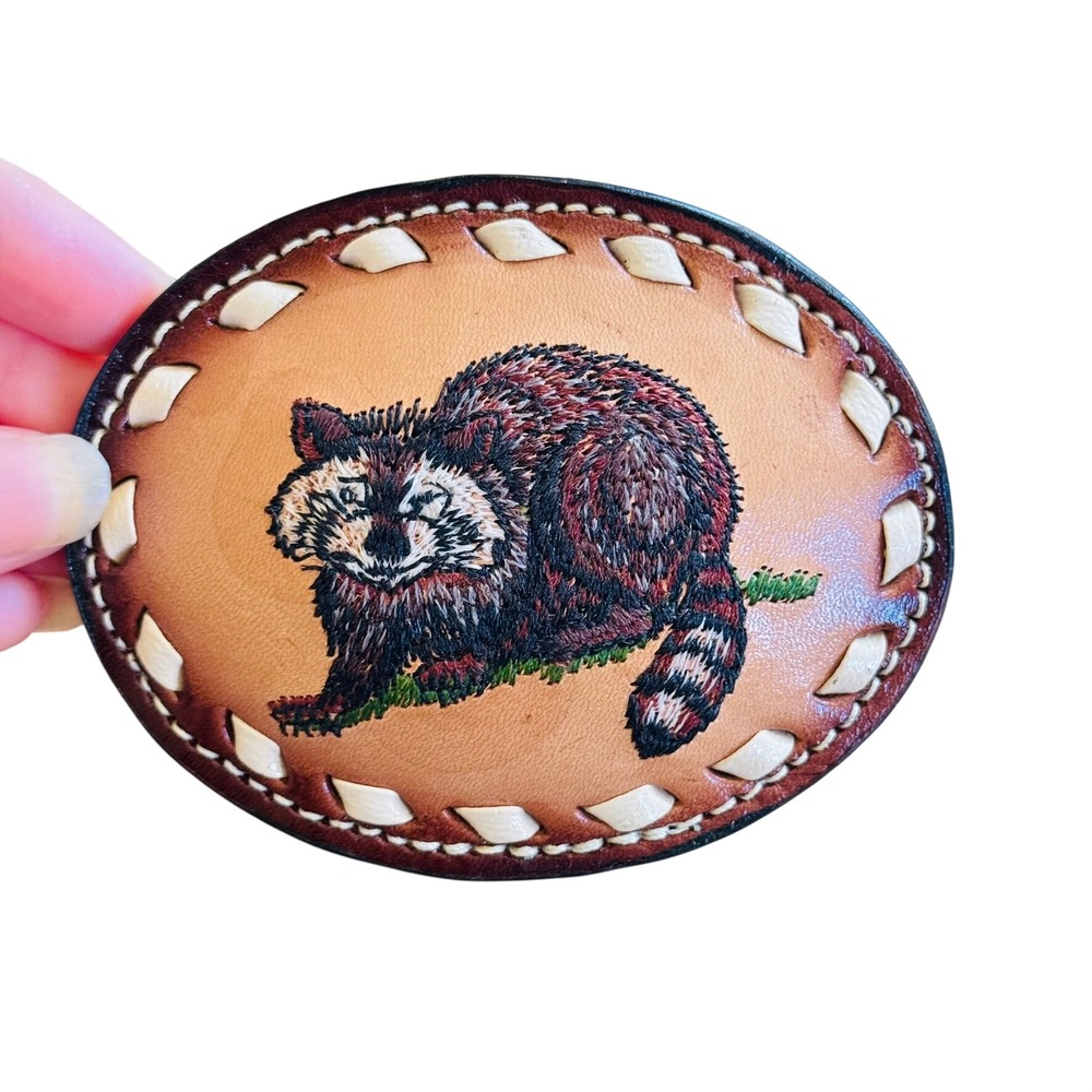 VTG Racoon Embroidered Leather Buckle Western Cowboy Rare